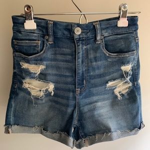 American Eagle “Hi Rise Shortie” Distressed Denim Shorts